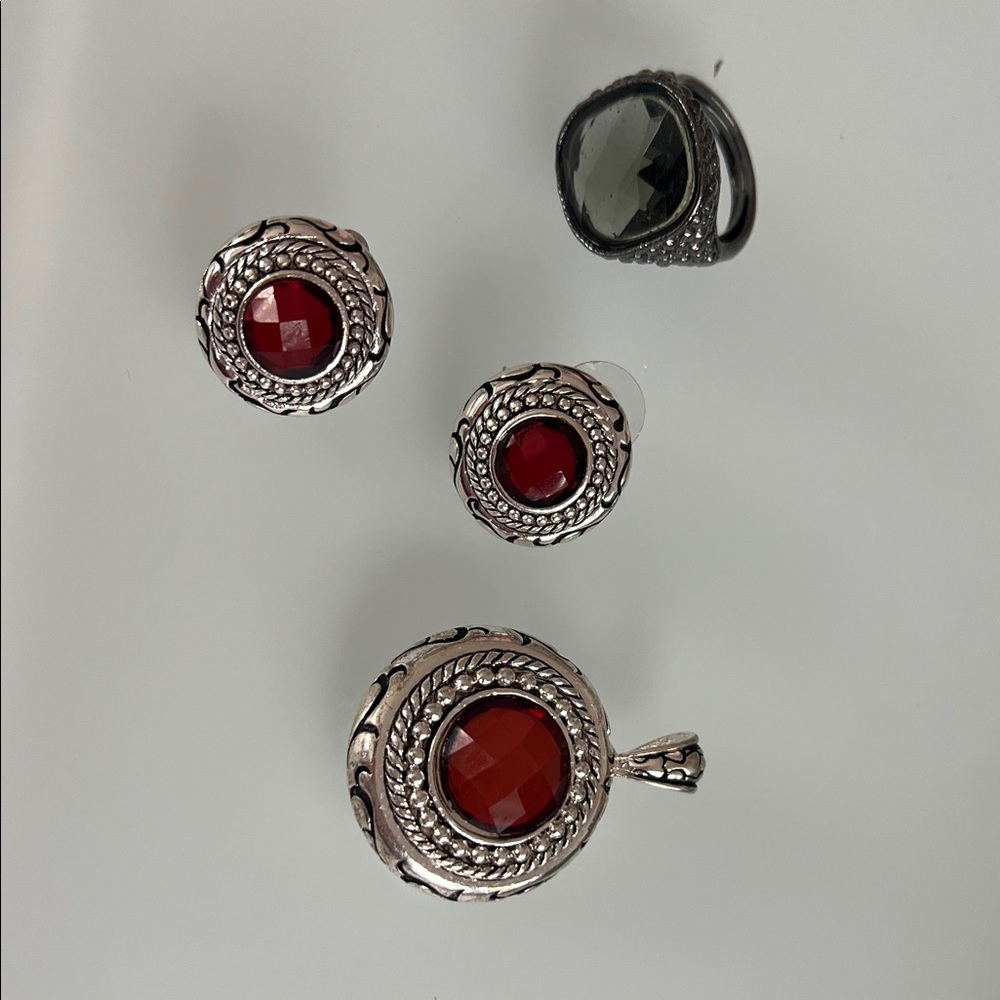 Vintage Sterling-Style Red Gemstone Pendant and Stud Earrings Set plus ring